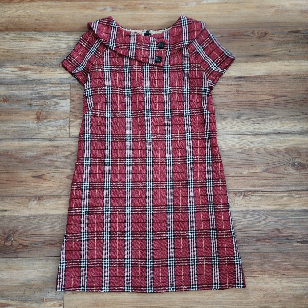 Beebop & Wally Dress Women's XS Red Plaid Short Sleeve Wool Knee Length